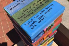 An outdoor Jenga-style tower game with colorful painted blocks, each printed with nature and science trivia questions, sitting on a wooden platform on a brick patio.
