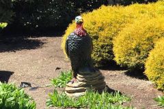 A colorful painted garden statue of a wild turkey perched on a rock, surrounded by green plants and yellow shrubs outdoors.